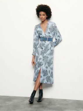 Sandro Light Blue Beane Paisley V-Neck Silk-Blend Midi Dress Size FR 36/US 4